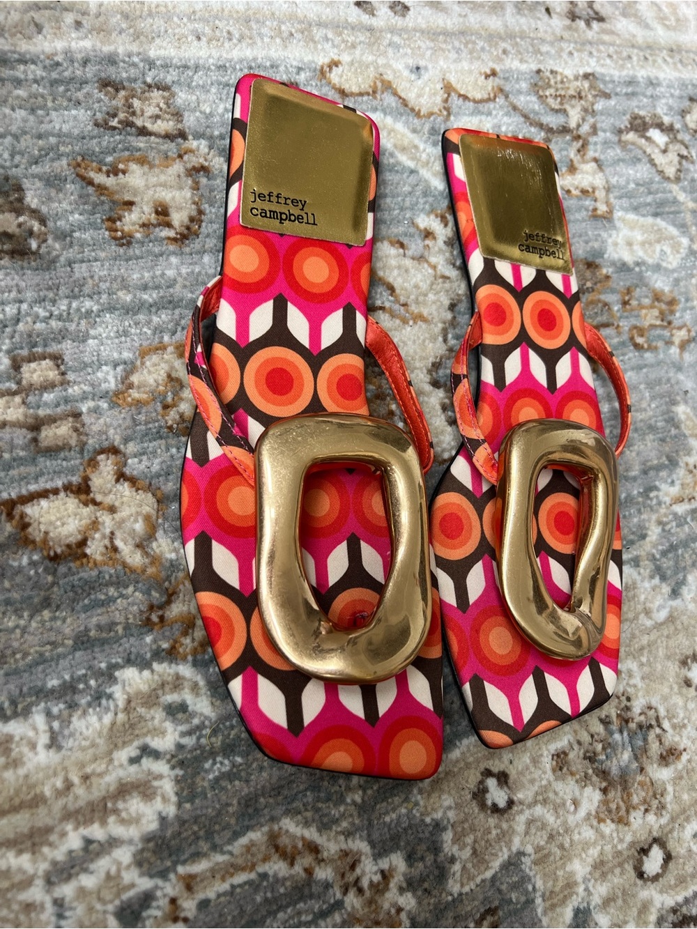 Jeffrey Campbell Red & Orange Geometric Slide Sandals with Gold Oval Accent - Picture 7 of 9